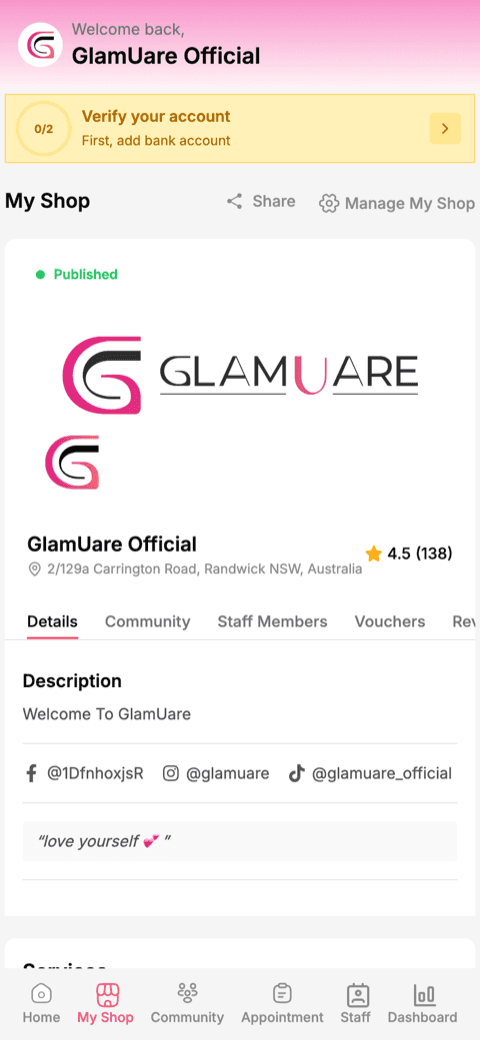 Glamuare app — screen 1